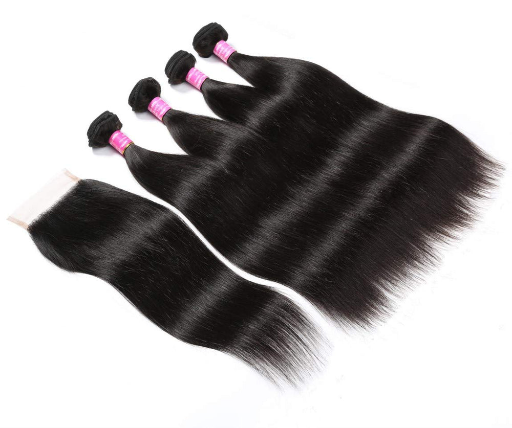 Blowing Straight Hair 3 Bundles with Closure Brazilian Virgin Hair Three Part Lace Closure with Bundles 8a Straight Human Hair Weft with Closure Three Part Natural Color（10 12 14+10，Three part）