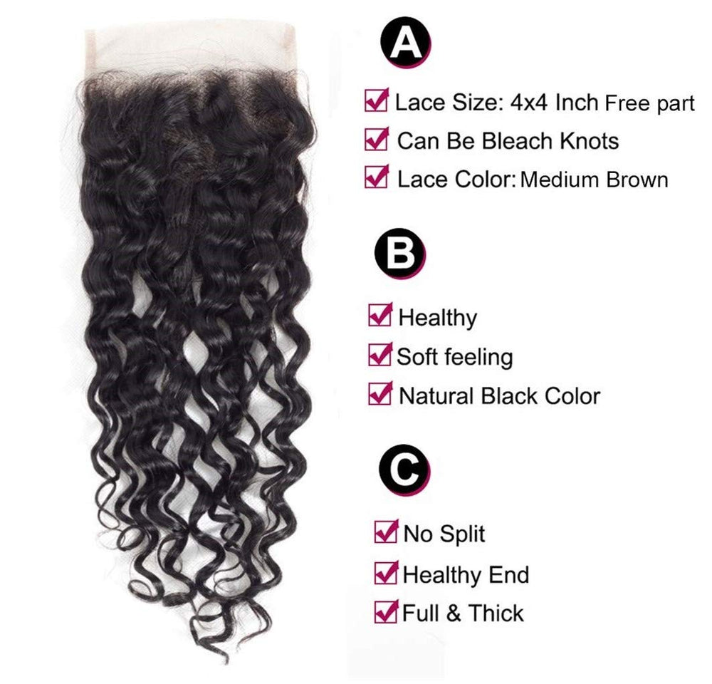 Brazilian Water Wave Bundles with Closure 9A Ocean Wave Wet and Wavy Human Hair Bundles with Closure 100% Human Hair Weave Extensions Remy Hair Bundles Water Curly Hair (10 10 10+8, )