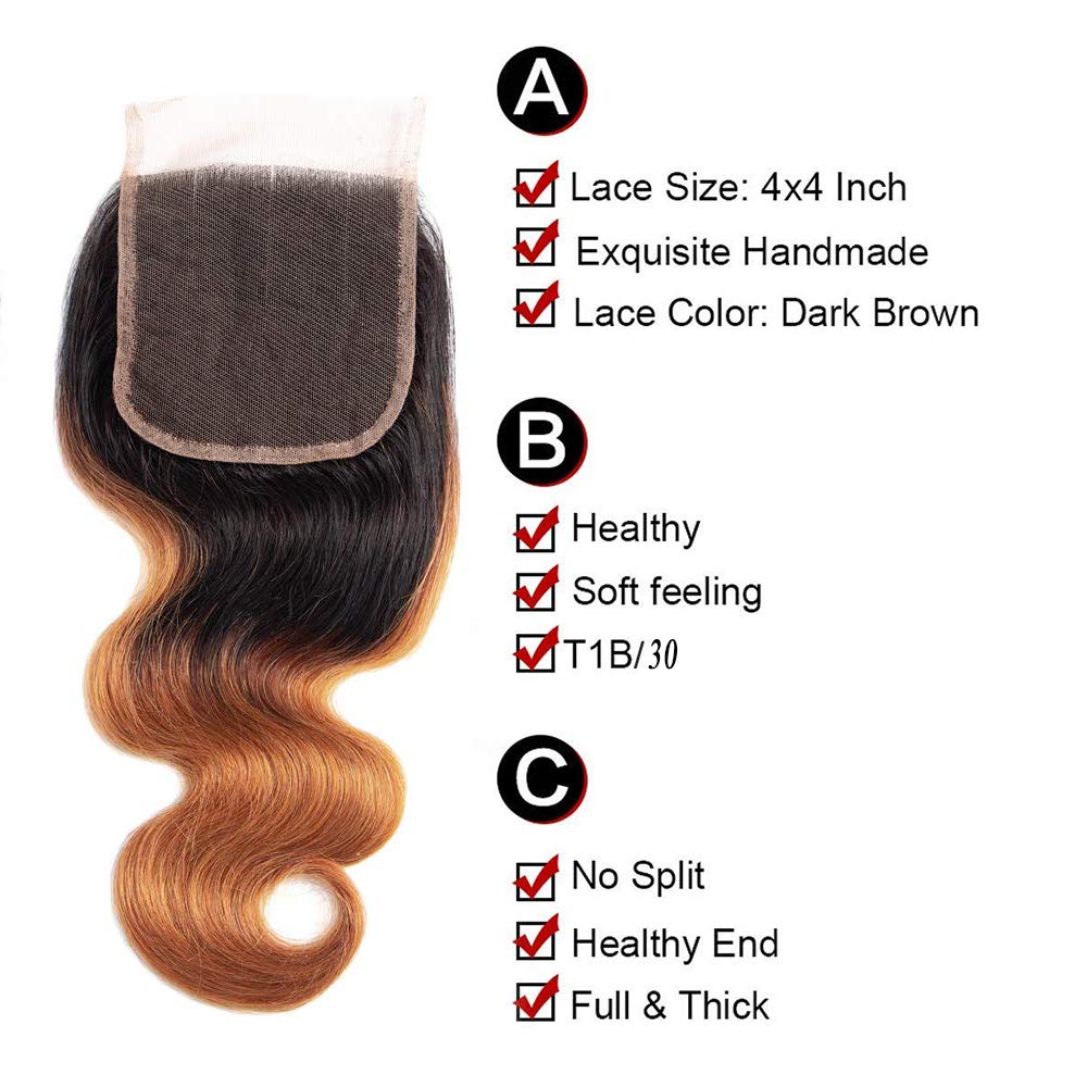 Sakula 2 Tone Ombre Body Wave 100% Human Hair Bundles with Closure Brazilian Unprocessed Grade 7A Virgin Remy Hair Extensions with 1B/30 Color (16 16 18 18+14 inch)