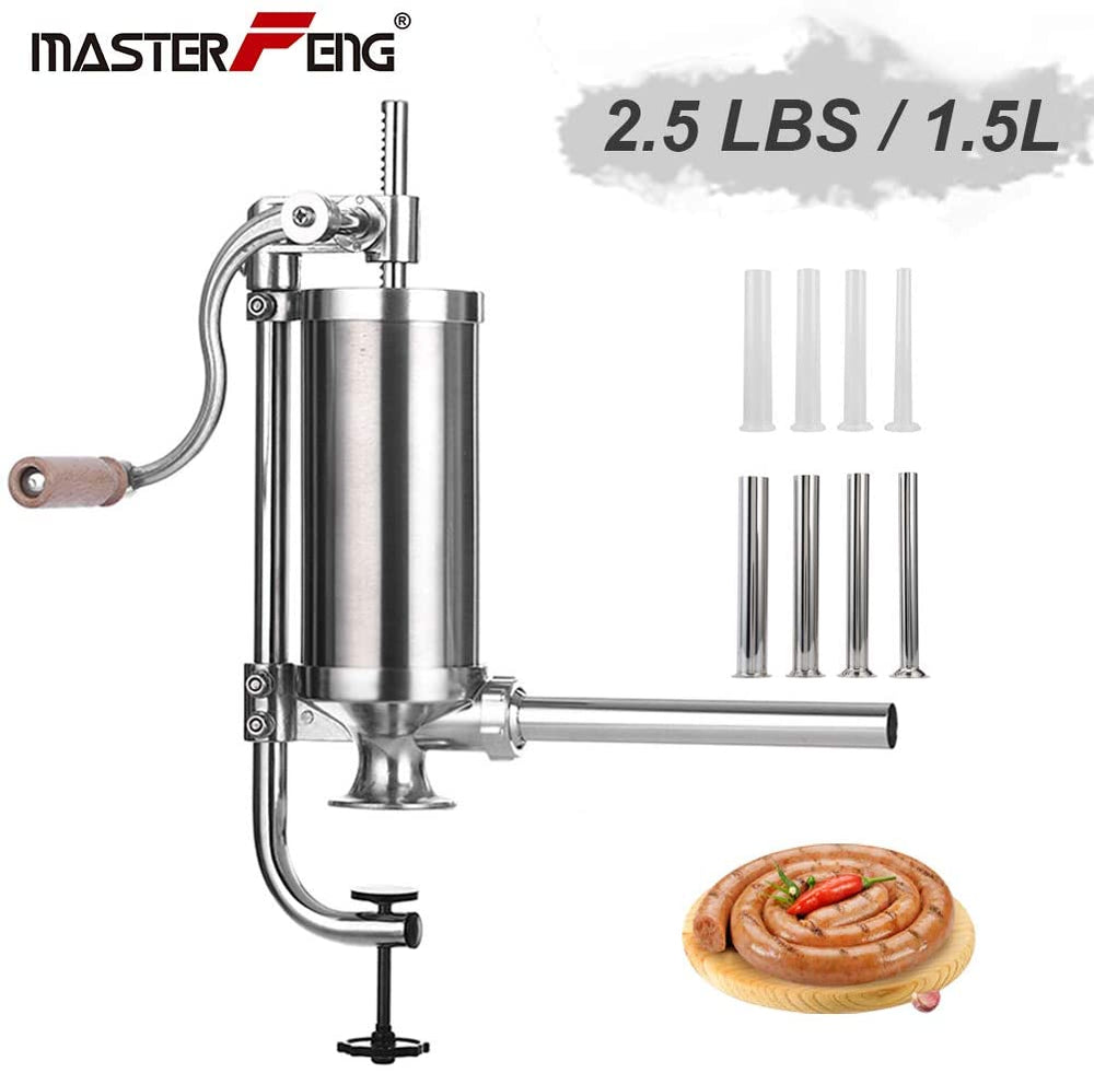 Sausage Stuffer, Stainless Steel Homemade Sausage Maker Vertical Meat Filling Kitchen Machine, Packed 8 Stuffing Tubes (2.5LBS/1.5L)