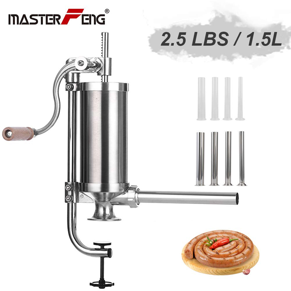 Sausage Stuffer, Stainless Steel Homemade Sausage Maker Vertical Meat Filling Kitchen Machine, Packed 8 Stuffing Tubes (2.5LBS/1.5L)