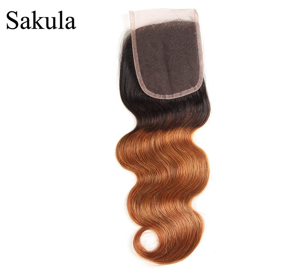 Sakula 2 Tone Ombre Body Wave 100% Human Hair Bundles with Closure Brazilian Unprocessed Grade 7A Virgin Remy Hair Extensions with 1B/30 Color (16 16 18 18+14 inch)