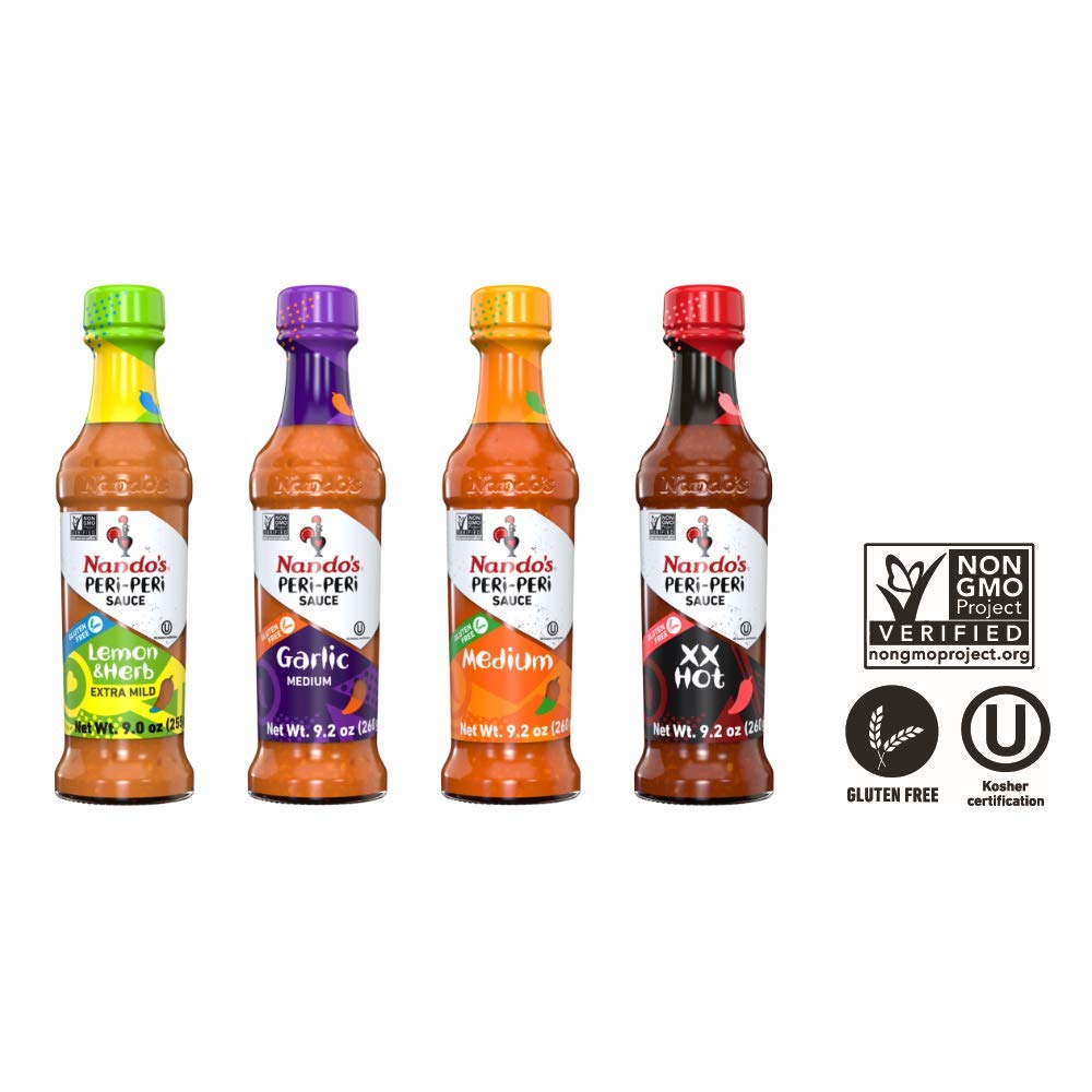 Nando's PERi PERi Hot Sauce Foodies Flavor Pack - Coconut Lemon, Lemon & Herb, Garlic, Medium - 9.1oz Bottles, 4PK