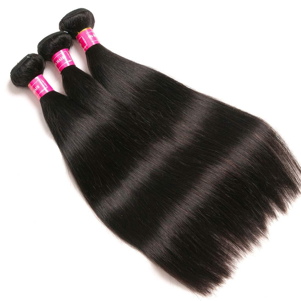 RUIMEISI Brazilian Straight Hair With Closure 3 Bundles Unprocessed Virgin Human Hair Bundles With Lace Closure Free Part Hair Extensions Natural Color (12/14/16+10 Inch)