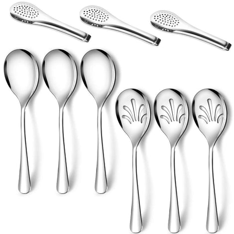 Stainless Steel Metal Serving Utensils - Large Set of 9-10" Spoons, 10" Slotted Spoons, and 9" Tongs by Teivio