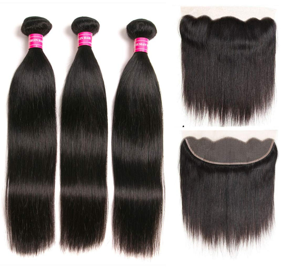 RUIMEISI Brazilian Straight Hair With Closure 3 Bundles Unprocessed Virgin Human Hair Bundles With Lace Closure Free Part Hair Extensions Natural Color (12/14/16+10 Inch)