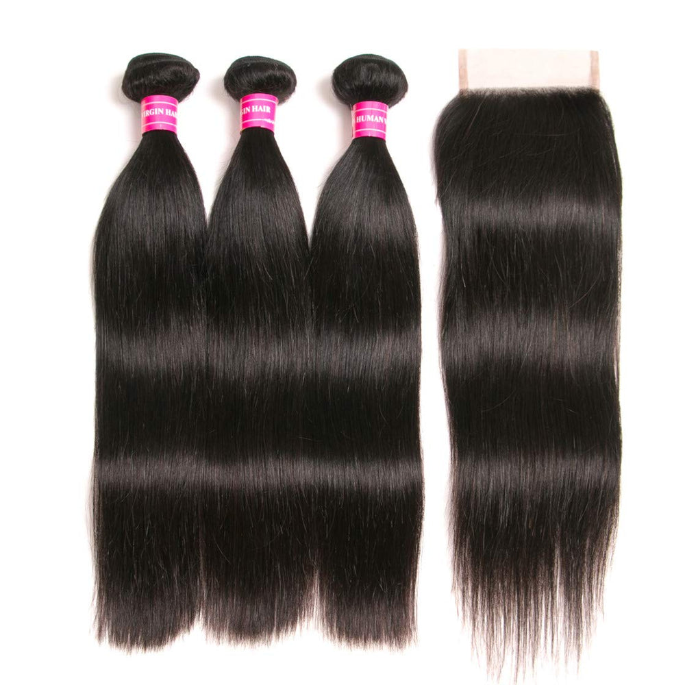 RUIMEISI Brazilian Straight Hair With Closure 3 Bundles Unprocessed Virgin Human Hair Bundles With Lace Closure Free Part Hair Extensions Natural Color (12/14/16+10 Inch)