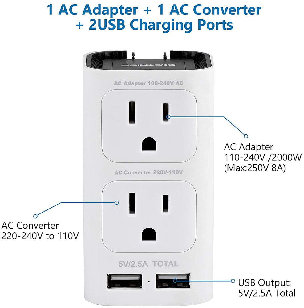CASTRIES Voltage Converter 220 to 110, 2000W Universal Travel Adapter and Converter Combo with 2.5A 2-Port USB Charging and EU/UK/AUS/US Worldwide Plug Adapter, White