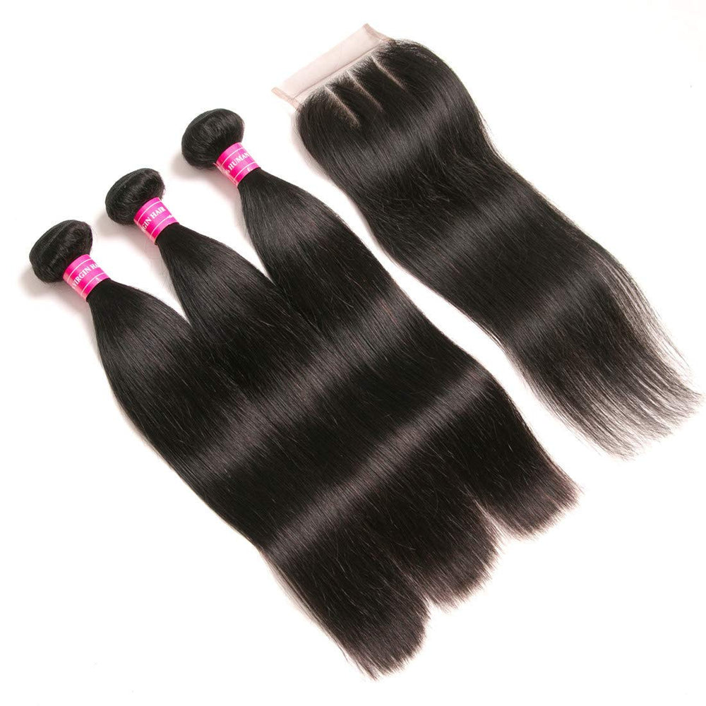 Blowing Straight Hair 3 Bundles with Closure Brazilian Virgin Hair Three Part Lace Closure with Bundles 8a Straight Human Hair Weft with Closure Three Part Natural Color（10 12 14+10，Three part）