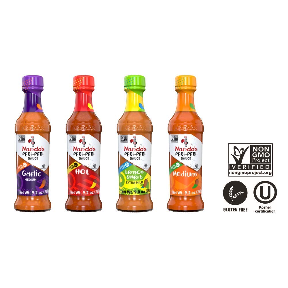 Nando's PERi PERi Hot Sauce Foodies Flavor Pack - Coconut Lemon, Lemon & Herb, Garlic, Medium - 9.1oz Bottles, 4PK