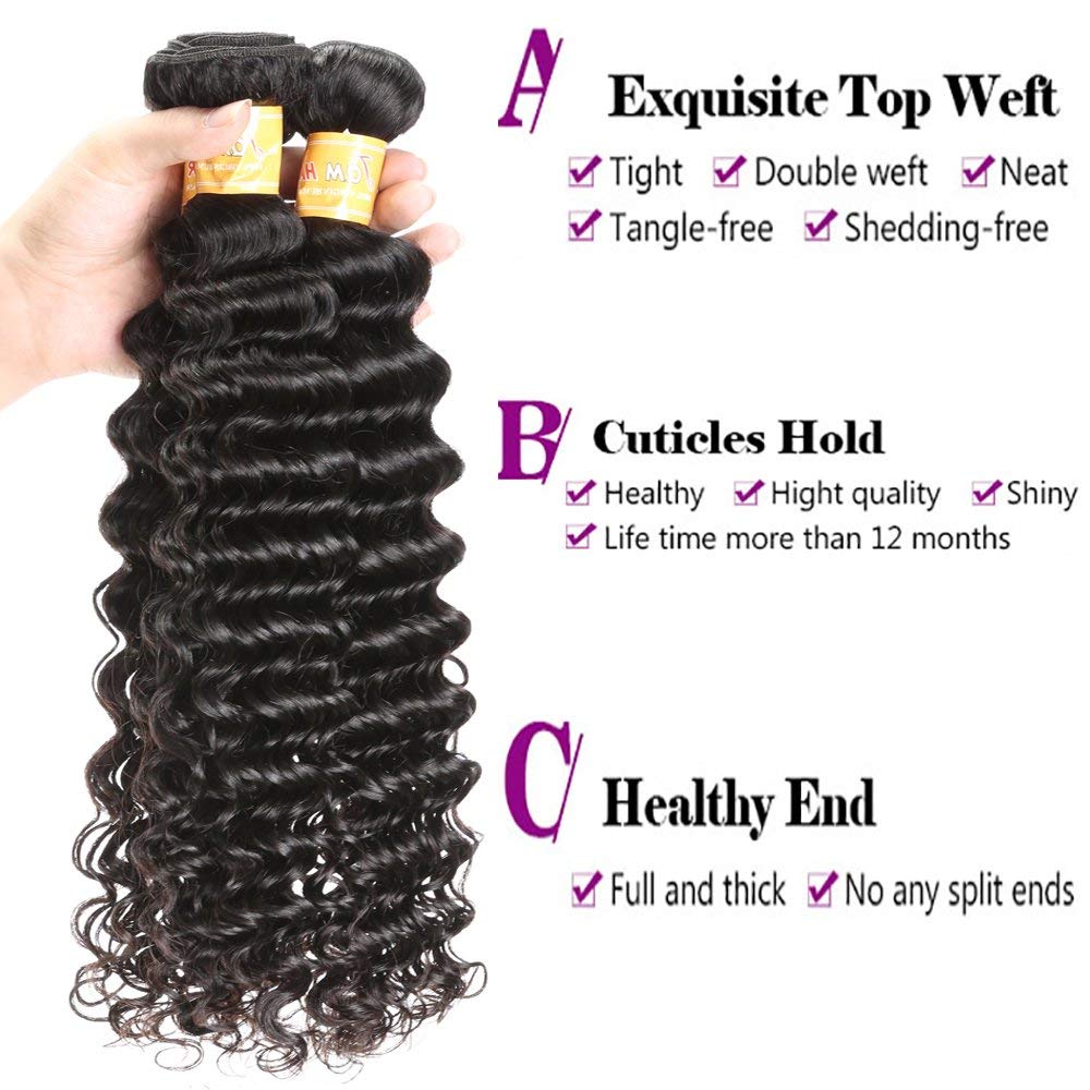 Brazilian Deep Wave Bundles With Closure 100% Virgin Human Hair 4 Bundles With Closure Free Part Unprocessed Short Bob Curly Hair Bundles With Closure Natural Black Color (10 10 10 10 with 8)