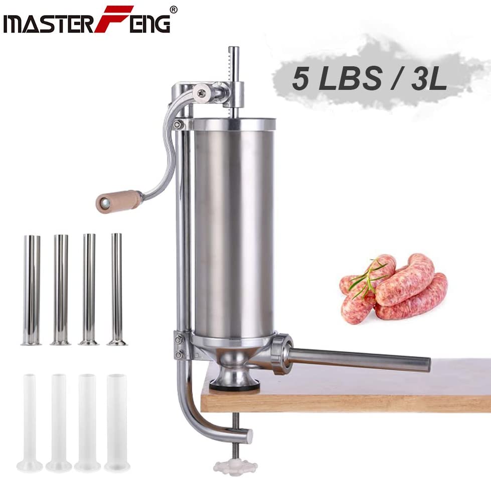 Sausage Stuffer, Stainless Steel Homemade Sausage Maker Vertical Meat Filling Kitchen Machine, Packed 8 Stuffing Tubes (2.5LBS/1.5L)