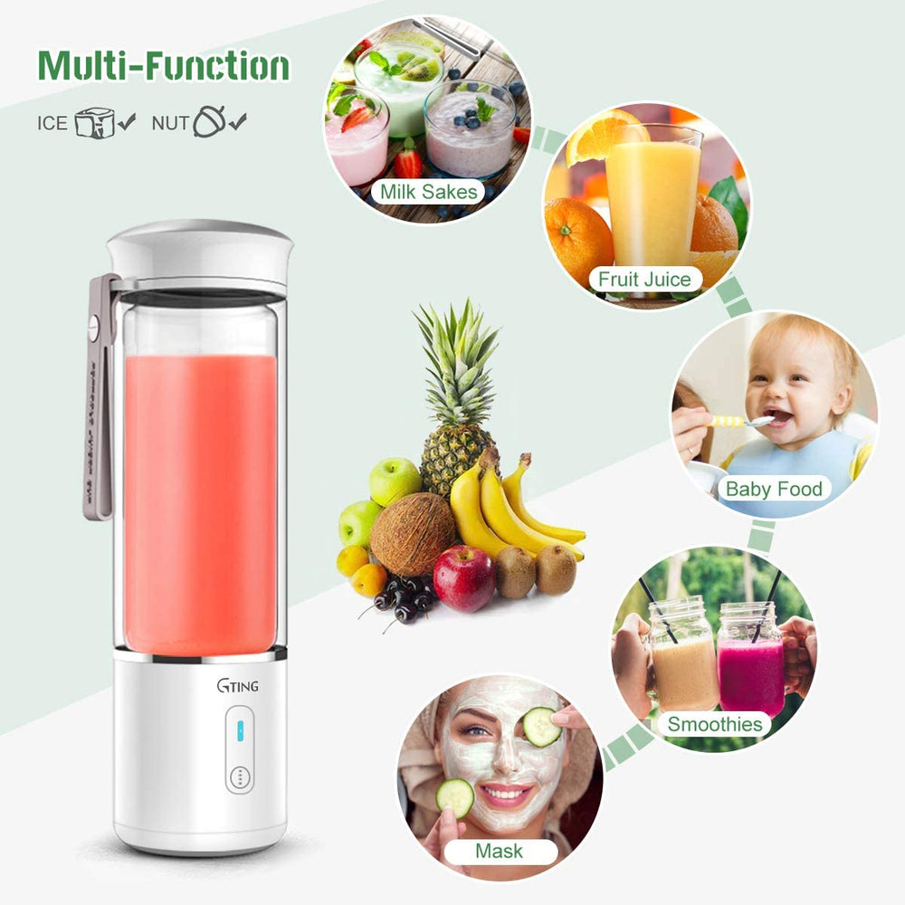 Portable Blender, G-TING Personal Smoothies Blender Cordless, Mini Blender Single Serve 400ml USB Rechargeable Small Juice Mixer 6 Blades Portable Juicer for Shakes, Smoothies, Home, Travel & Gym