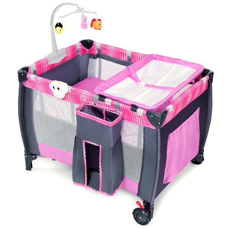 Costway Foldable Travel Playard with Bassinet, Pink