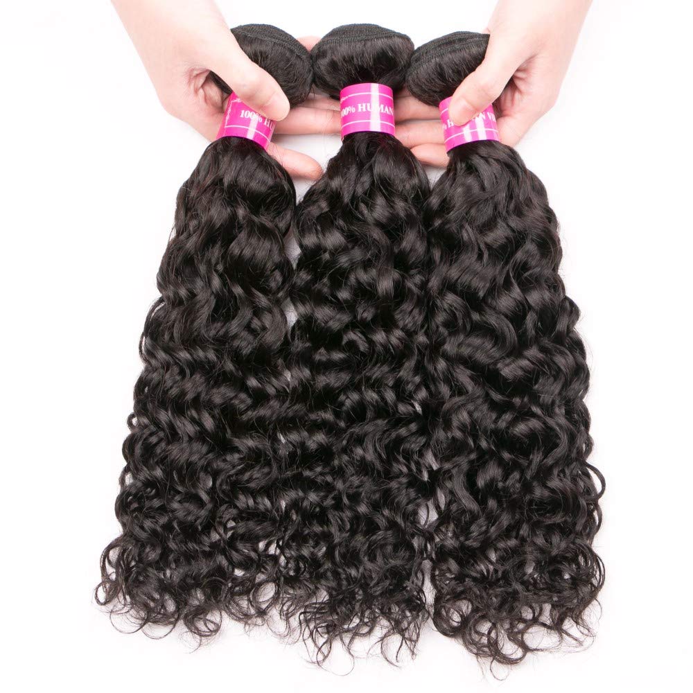 Brazilian Water Wave Bundles with Closure 9A Ocean Wave Wet and Wavy Human Hair Bundles with Closure 100% Human Hair Weave Extensions Remy Hair Bundles Water Curly Hair (10 10 10+8, )