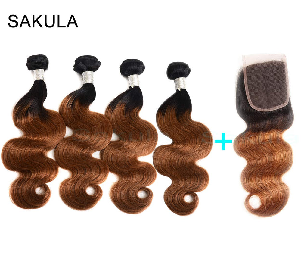 Sakula 2 Tone Ombre Body Wave 100% Human Hair Bundles with Closure Brazilian Unprocessed Grade 7A Virgin Remy Hair Extensions with 1B/30 Color (16 16 18 18+14 inch)