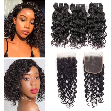 Brazilian Water Wave Bundles with Closure 9A Ocean Wave Wet and Wavy Human Hair Bundles with Closure 100% Human Hair Weave Extensions Remy Hair Bundles Water Curly Hair (10 10 10+8, )