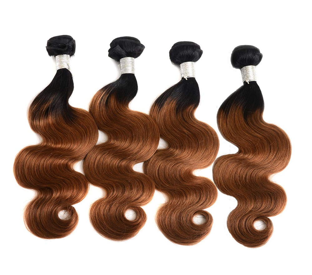 Sakula 2 Tone Ombre Body Wave 100% Human Hair Bundles with Closure Brazilian Unprocessed Grade 7A Virgin Remy Hair Extensions with 1B/30 Color (16 16 18 18+14 inch)