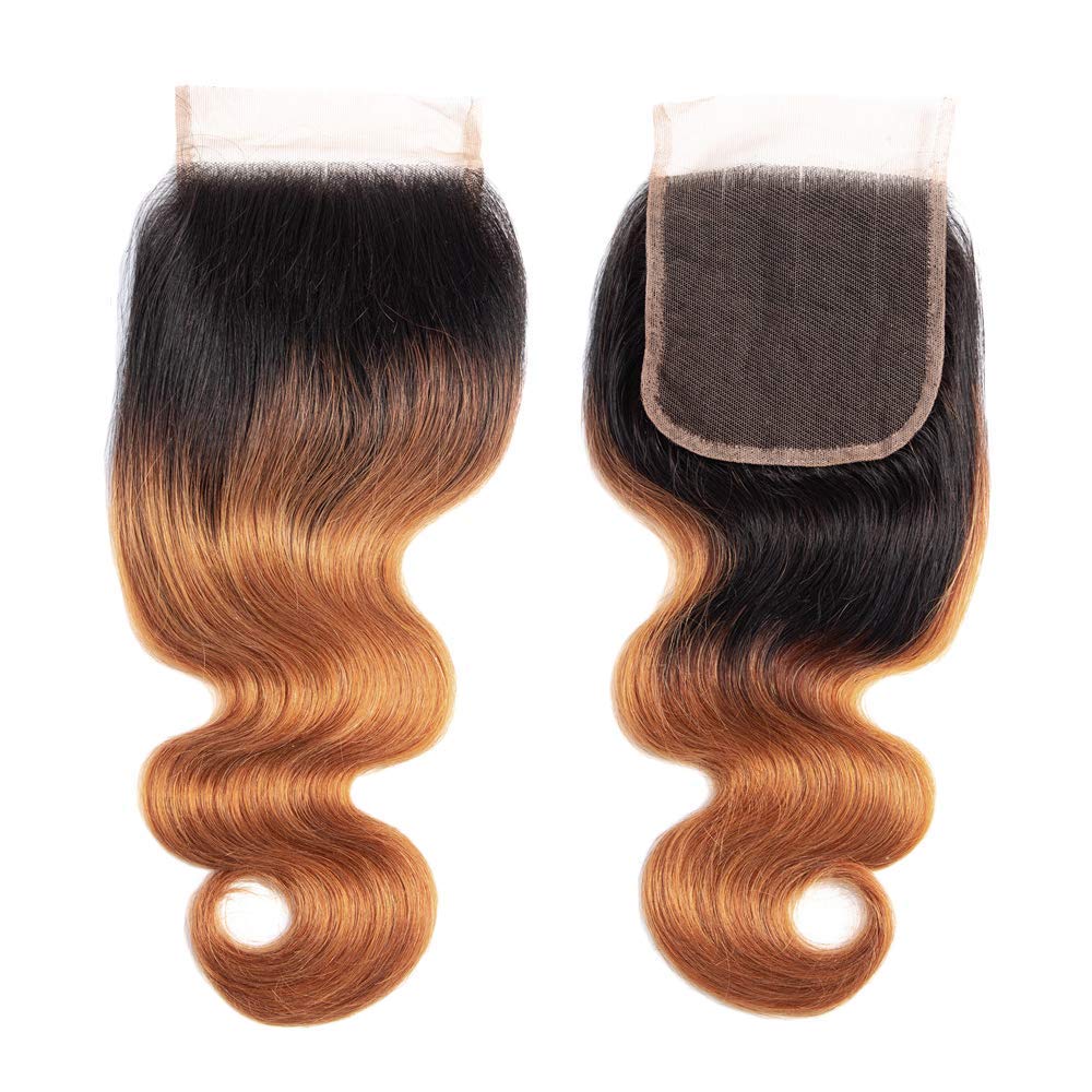 Sakula 2 Tone Ombre Body Wave 100% Human Hair Bundles with Closure Brazilian Unprocessed Grade 7A Virgin Remy Hair Extensions with 1B/30 Color (16 16 18 18+14 inch)