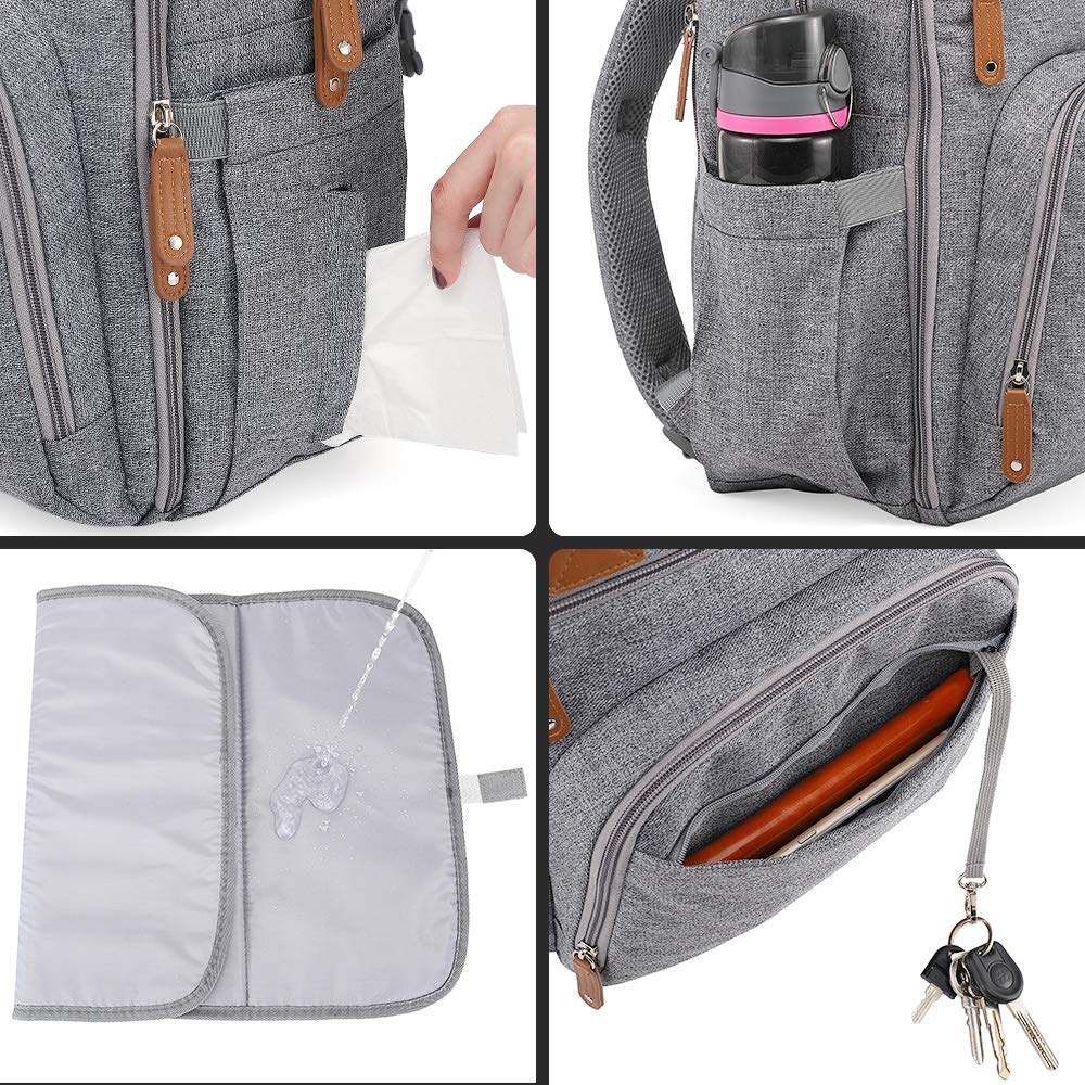 Diaper Bag Backpack, iniuniu Large Unisex Baby Bags Multifunction Travel Backpack for Mom and Dad with Changing Pad and Stroller Straps, Gray