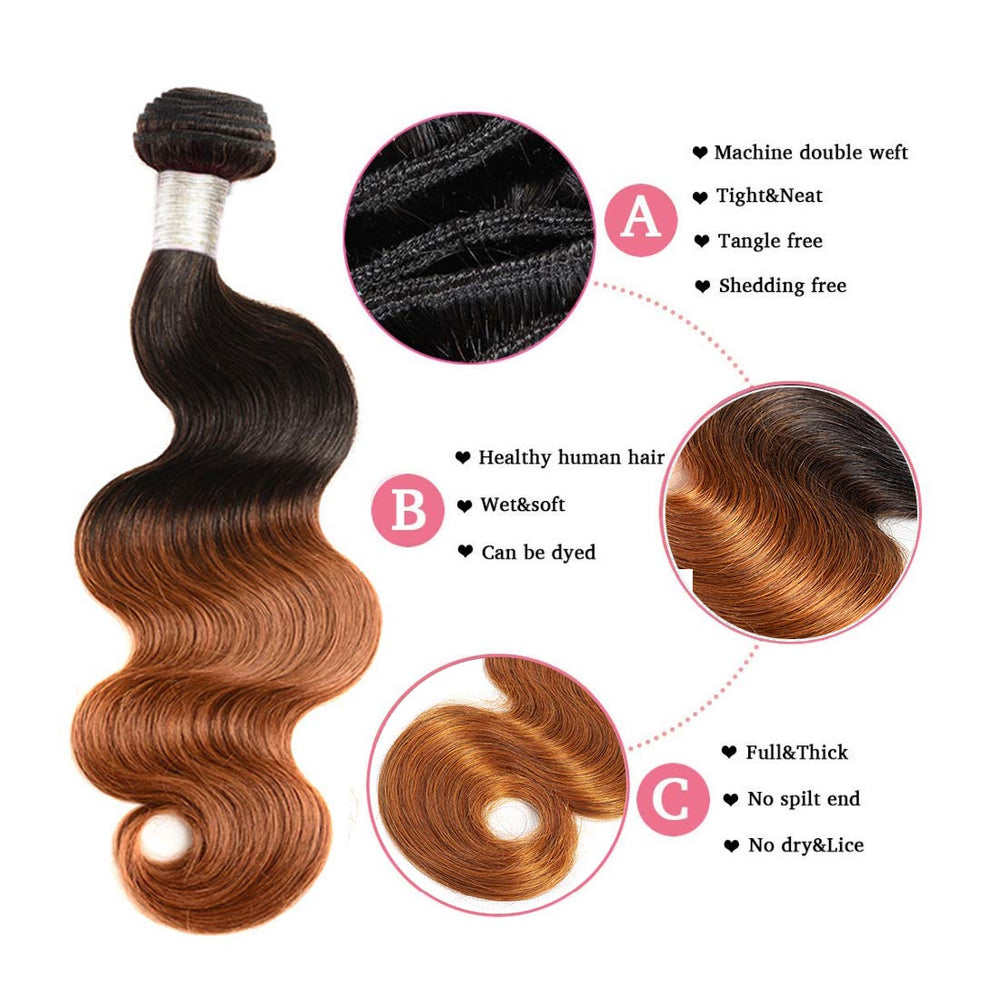 Sakula 2 Tone Ombre Body Wave 100% Human Hair Bundles with Closure Brazilian Unprocessed Grade 7A Virgin Remy Hair Extensions with 1B/30 Color (16 16 18 18+14 inch)