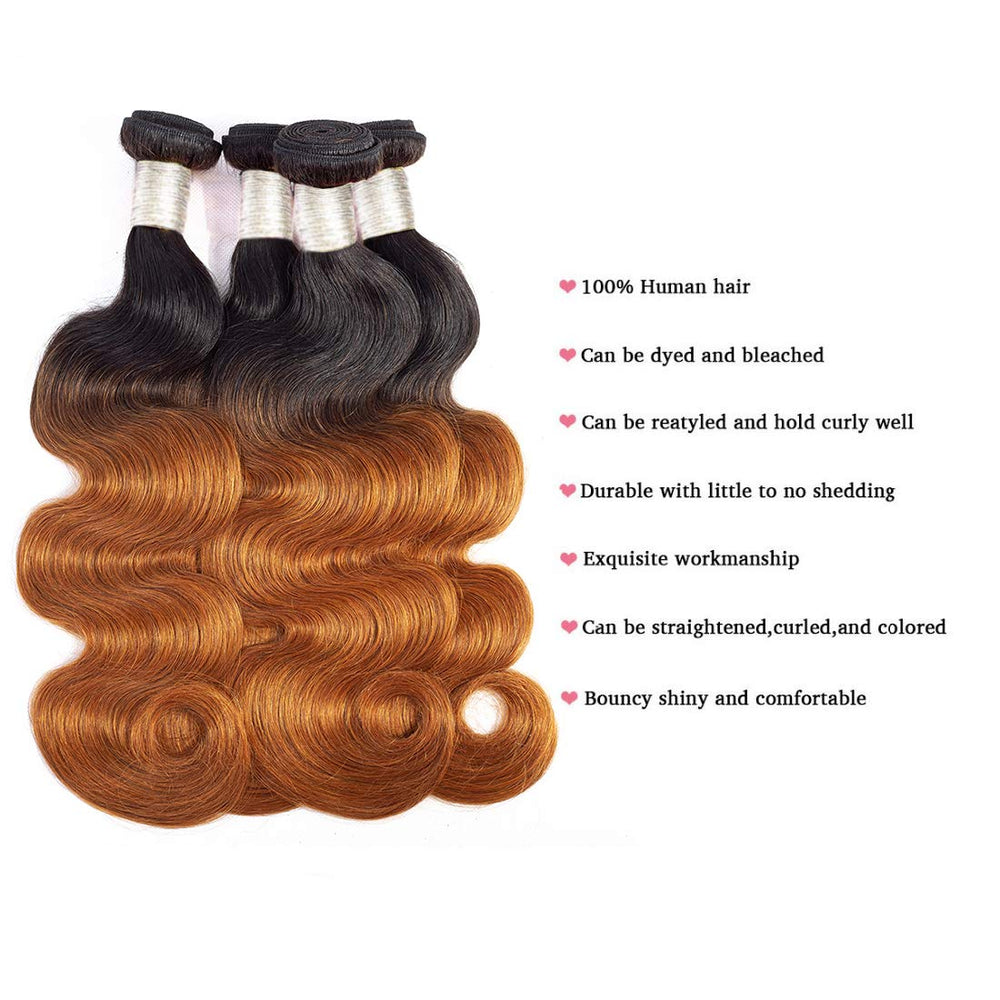 Sakula 2 Tone Ombre Body Wave 100% Human Hair Bundles with Closure Brazilian Unprocessed Grade 7A Virgin Remy Hair Extensions with 1B/30 Color (16 16 18 18+14 inch)