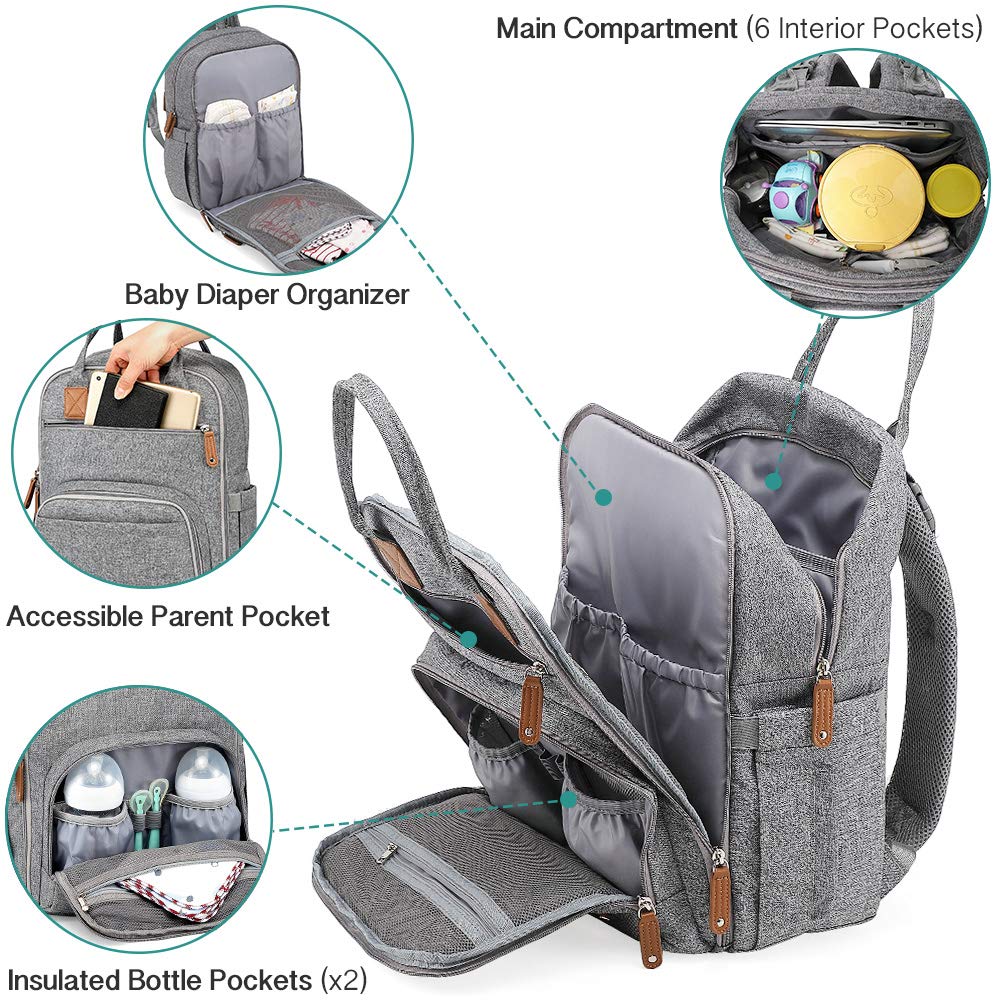 Diaper Bag Backpack, iniuniu Large Unisex Baby Bags Multifunction Travel Backpack for Mom and Dad with Changing Pad and Stroller Straps, Gray