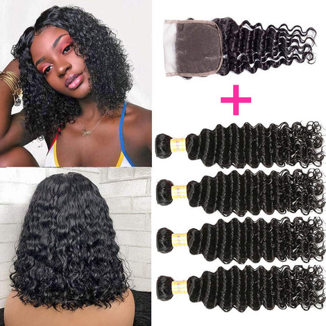 Brazilian Deep Wave Bundles With Closure 100% Virgin Human Hair 4 Bundles With Closure Free Part Unprocessed Short Bob Curly Hair Bundles With Closure Natural Black Color (10 10 10 10 with 8)