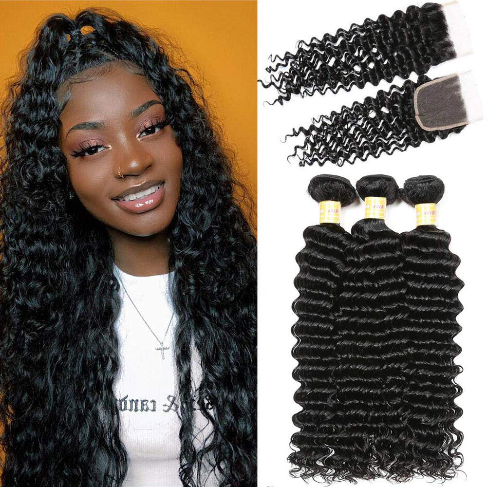 Brazilian Deep Wave Bundles With Closure 100% Virgin Human Hair 4 Bundles With Closure Free Part Unprocessed Short Bob Curly Hair Bundles With Closure Natural Black Color (10 10 10 10 with 8)