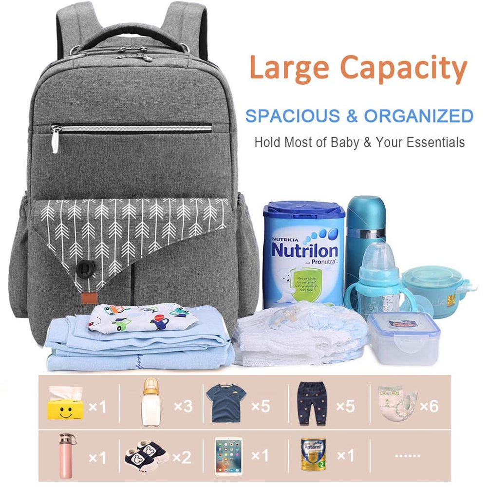 Lekebaby Diaper Bag Backpack Large Capacity Baby Bag for Mom and Dad with Changing Pad, Arrow Print Grey
