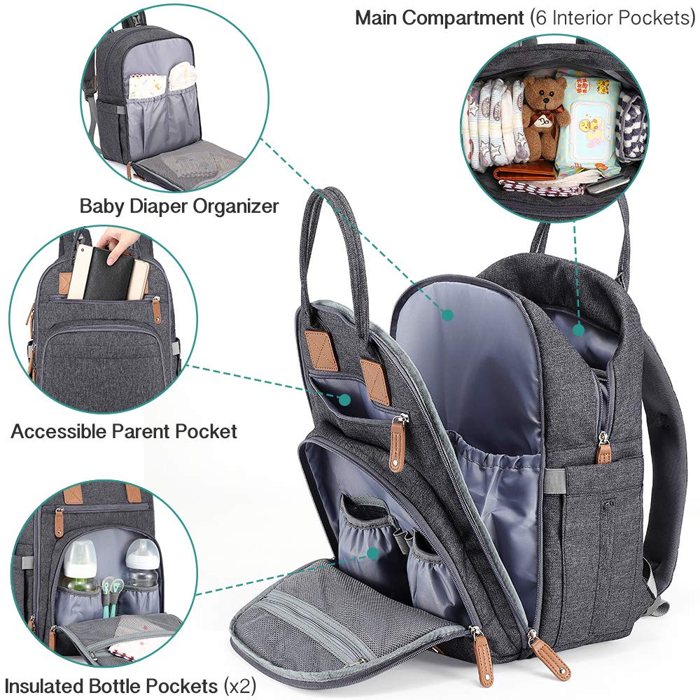 Diaper Bag Backpack, iniuniu Large Unisex Baby Bags Multifunction Travel Backpack for Mom and Dad with Changing Pad and Stroller Straps, Gray