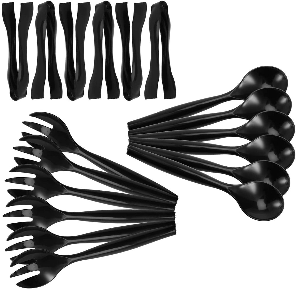 Set of 18 - Heavy Duty Disposable Plastic Serving Utensils, Six 10” Spoons and Forks, Six 6-1/2” Tongs, Black