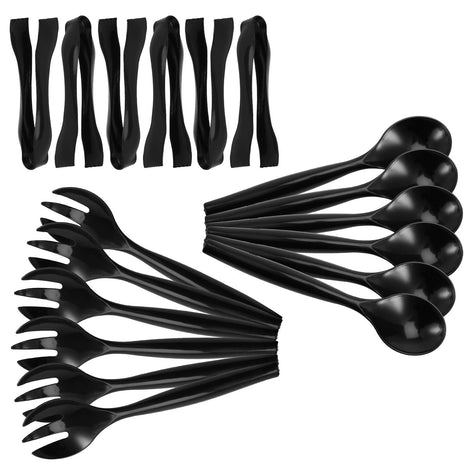 Set of 18 - Heavy Duty Disposable Plastic Serving Utensils, Six 10” Spoons and Forks, Six 6-1/2” Tongs, Black