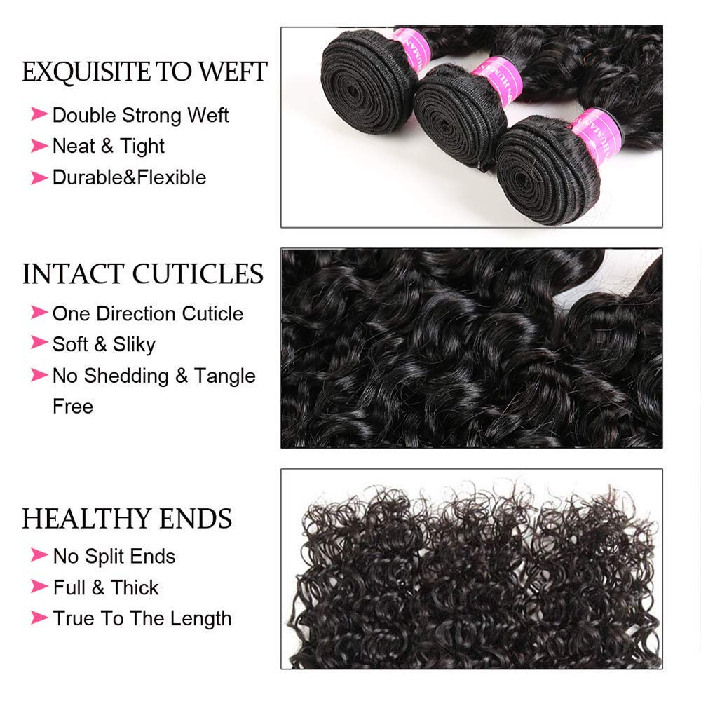 Brazilian Water Wave Bundles with Closure 9A Ocean Wave Wet and Wavy Human Hair Bundles with Closure 100% Human Hair Weave Extensions Remy Hair Bundles Water Curly Hair (10 10 10+8, )