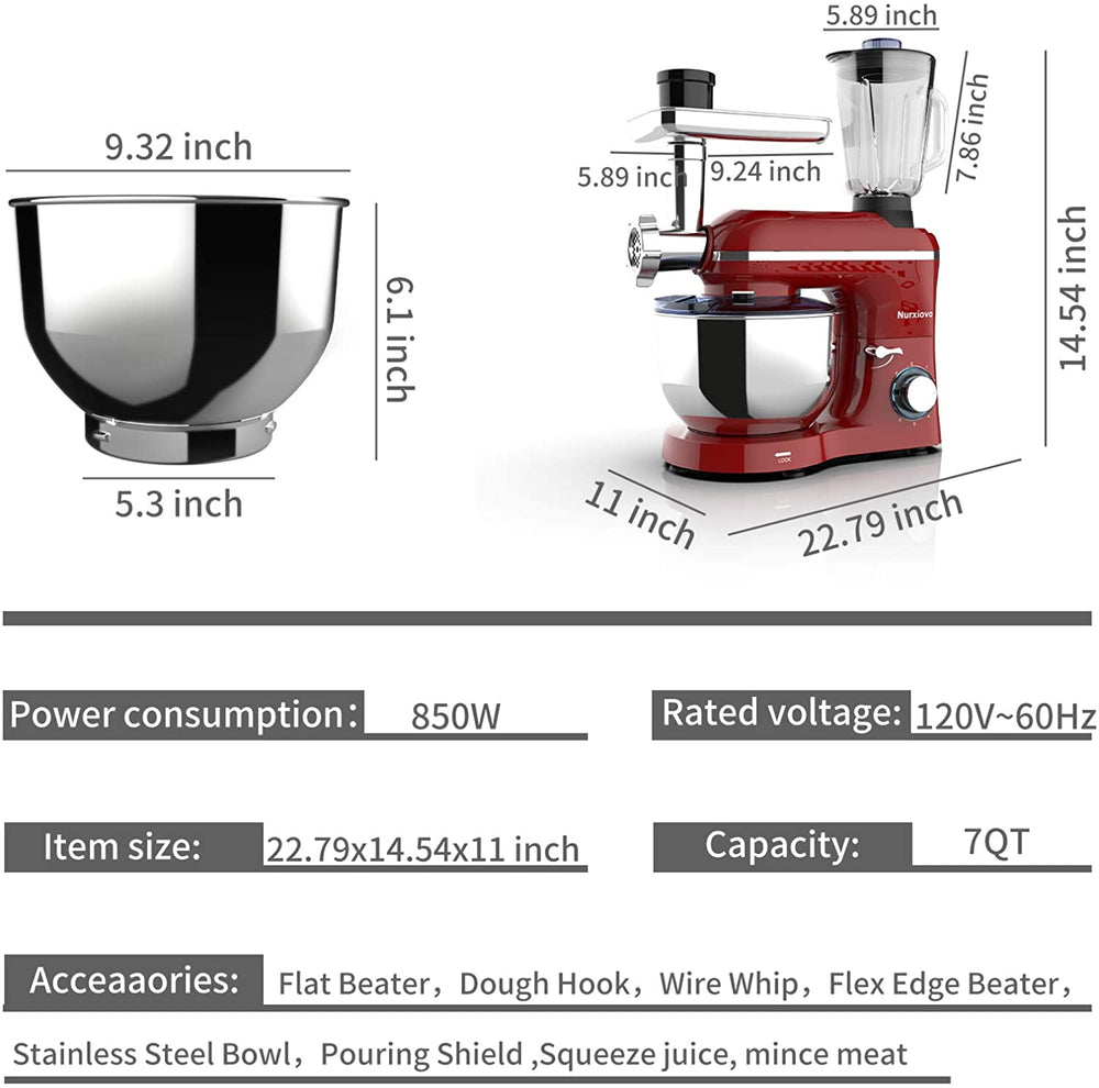 Nurxiovo 3 in 1 Stand Mixer,850W Kitchen Food Mixer with 6 Speed and Pulse, Home mixer stand up with 6.5 QT Stainless Steel Bowl,Dough Hook,Whisk, Beater,Meat Blender and Juice Extracter White