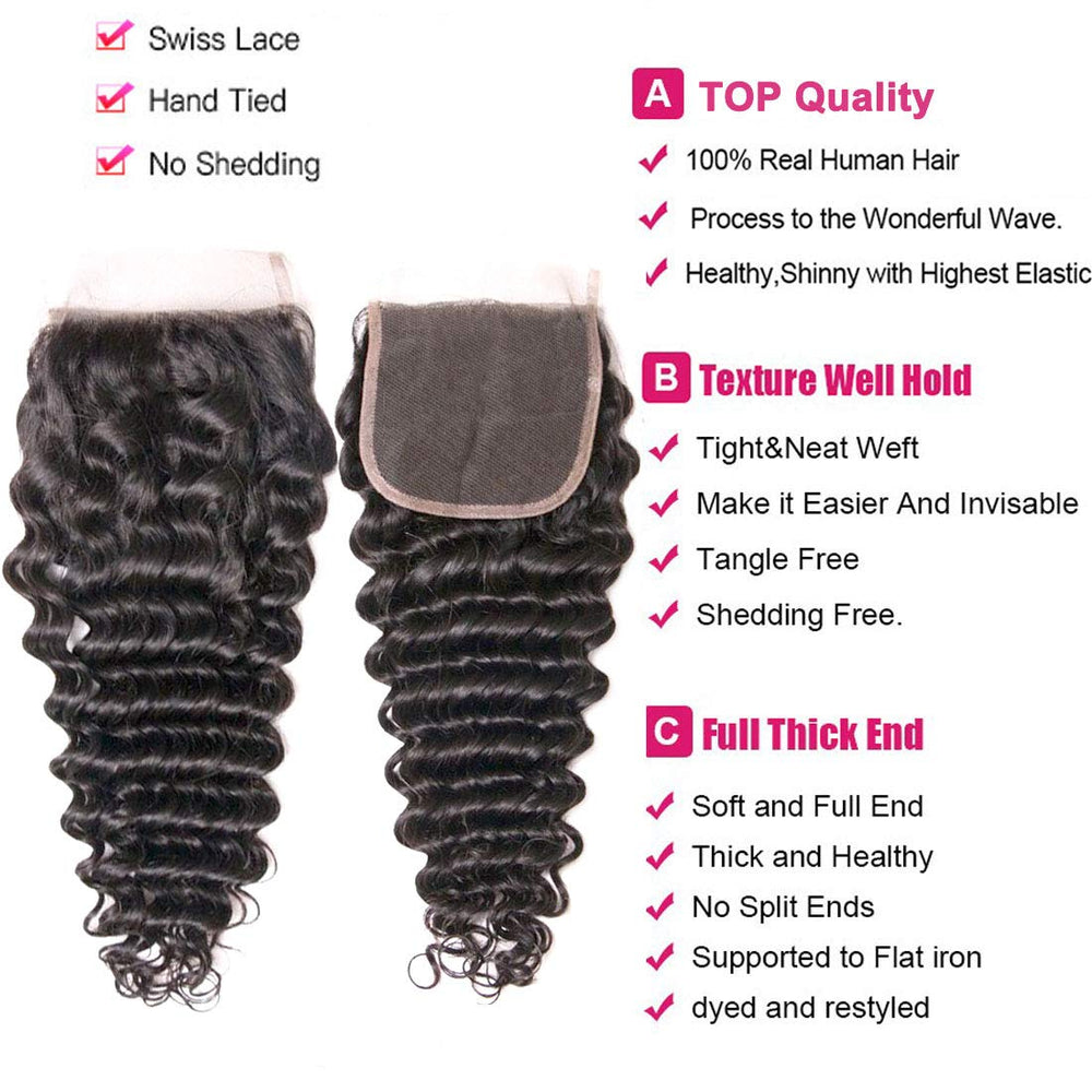 Brazilian Deep Wave Bundles With Closure 100% Virgin Human Hair 4 Bundles With Closure Free Part Unprocessed Short Bob Curly Hair Bundles With Closure Natural Black Color (10 10 10 10 with 8)