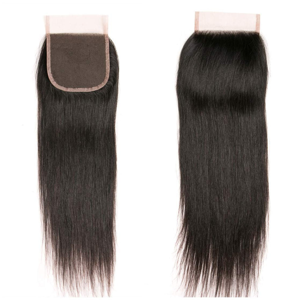 RUIMEISI Brazilian Straight Hair With Closure 3 Bundles Unprocessed Virgin Human Hair Bundles With Lace Closure Free Part Hair Extensions Natural Color (12/14/16+10 Inch)