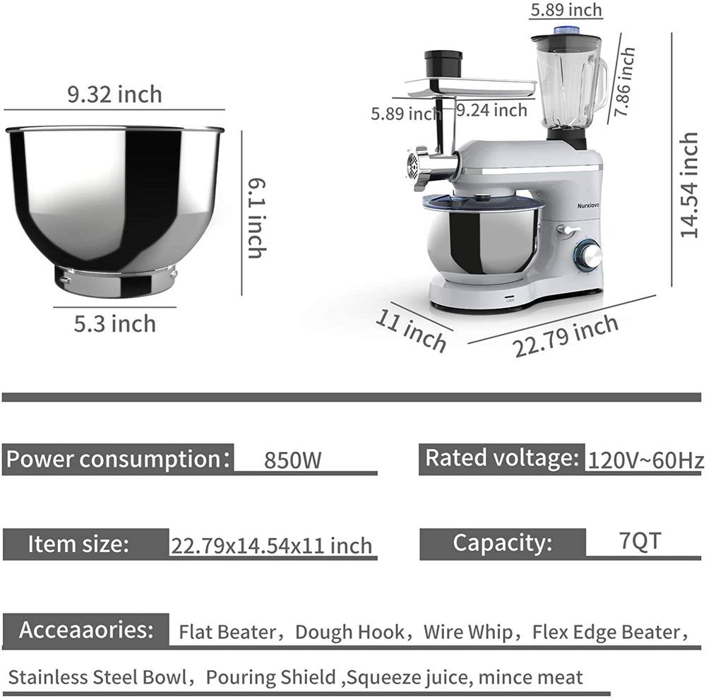 Nurxiovo 3 in 1 Stand Mixer,850W Kitchen Food Mixer with 6 Speed and Pulse, Home mixer stand up with 6.5 QT Stainless Steel Bowl,Dough Hook,Whisk, Beater,Meat Blender and Juice Extracter White