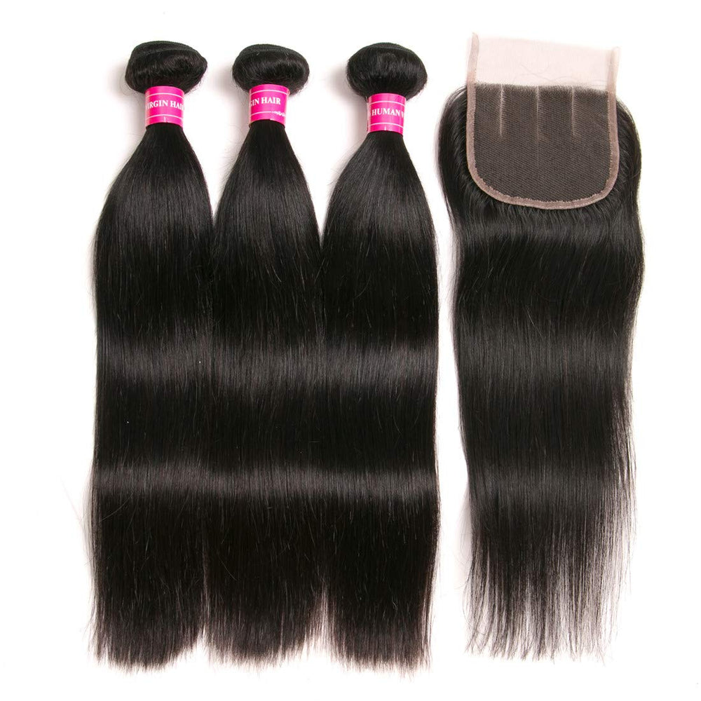 RUIMEISI Brazilian Straight Hair With Closure 3 Bundles Unprocessed Virgin Human Hair Bundles With Lace Closure Free Part Hair Extensions Natural Color (12/14/16+10 Inch)