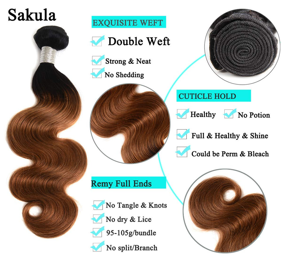 Sakula 2 Tone Ombre Body Wave 100% Human Hair Bundles with Closure Brazilian Unprocessed Grade 7A Virgin Remy Hair Extensions with 1B/30 Color (16 16 18 18+14 inch)