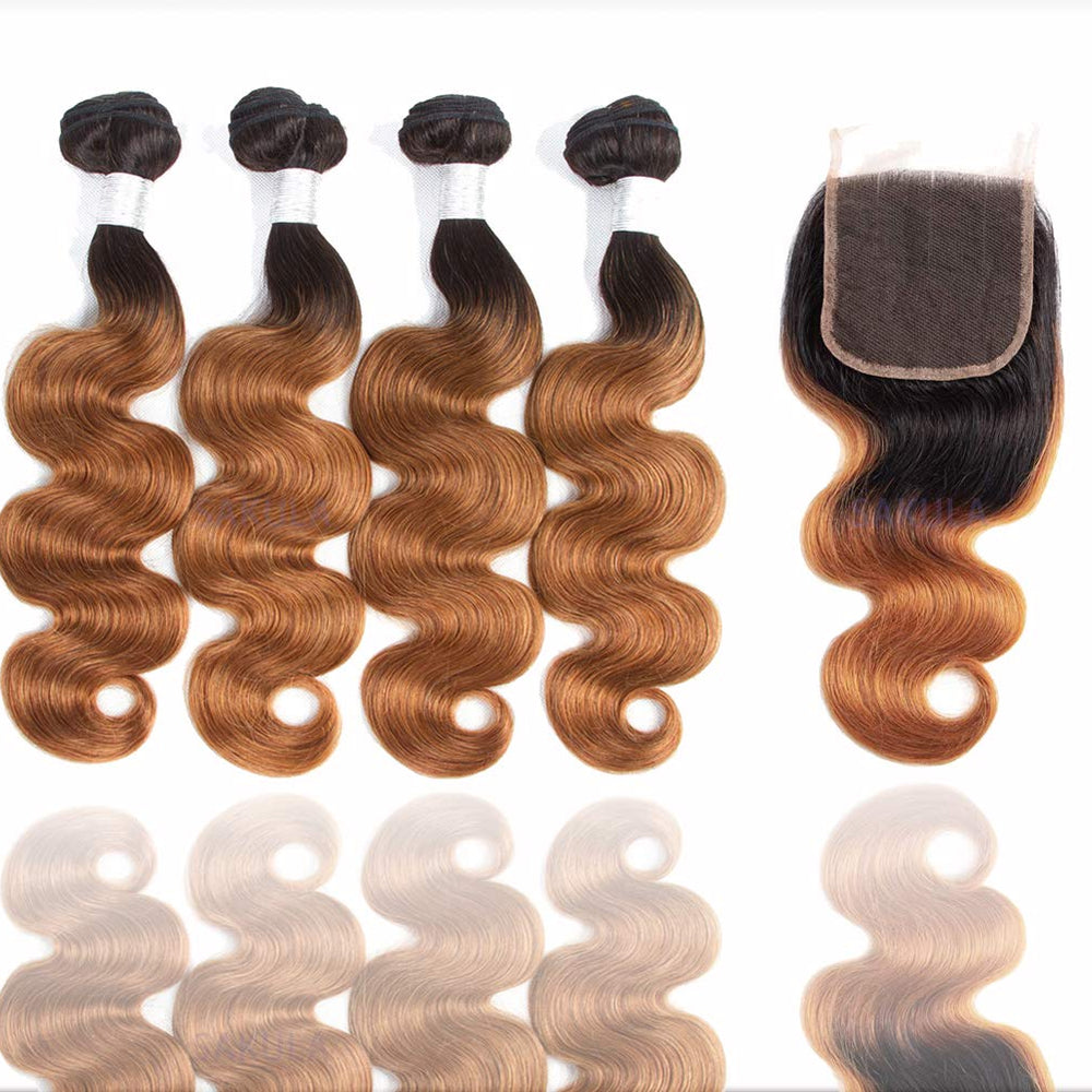 Sakula 2 Tone Ombre Body Wave 100% Human Hair Bundles with Closure Brazilian Unprocessed Grade 7A Virgin Remy Hair Extensions with 1B/30 Color (16 16 18 18+14 inch)