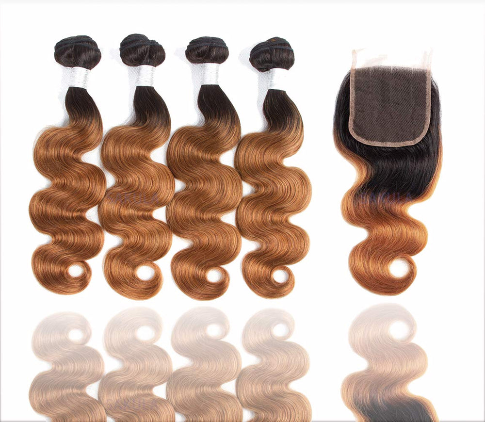 Sakula 2 Tone Ombre Body Wave 100% Human Hair Bundles with Closure Brazilian Unprocessed Grade 7A Virgin Remy Hair Extensions with 1B/30 Color (16 16 18 18+14 inch)