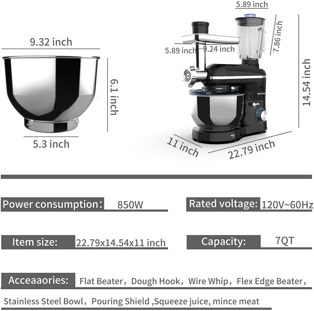 Nurxiovo 3 in 1 Stand Mixer,850W Kitchen Food Mixer with 6 Speed and Pulse, Home mixer stand up with 6.5 QT Stainless Steel Bowl,Dough Hook,Whisk, Beater,Meat Blender and Juice Extracter White