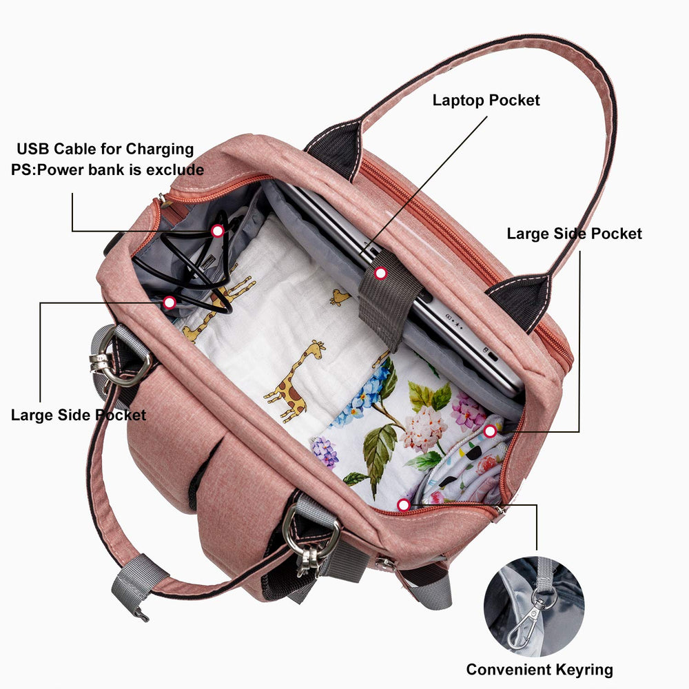 Diaper Bag Backpack Nappy Bag Upsimples Baby Bags for Mom and Dad Maternity Diaper Bag with USB Charging Port Stroller Straps Thermal Pockets,Water Resistant,Pink&Gray