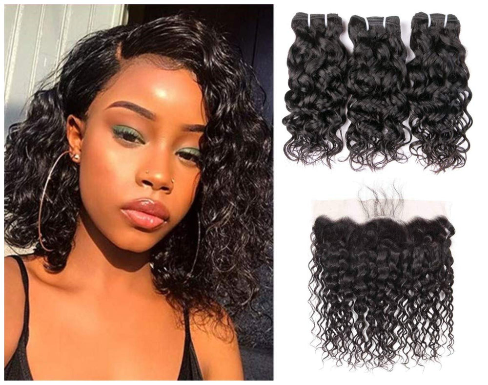 Brazilian Water Wave Bundles with Closure 9A Ocean Wave Wet and Wavy Human Hair Bundles with Closure 100% Human Hair Weave Extensions Remy Hair Bundles Water Curly Hair (10 10 10+8, )