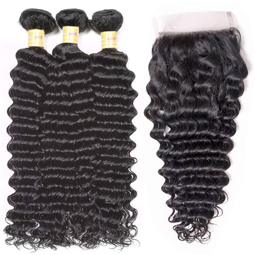 Brazilian Deep Wave Bundles With Closure 100% Virgin Human Hair 4 Bundles With Closure Free Part Unprocessed Short Bob Curly Hair Bundles With Closure Natural Black Color (10 10 10 10 with 8)