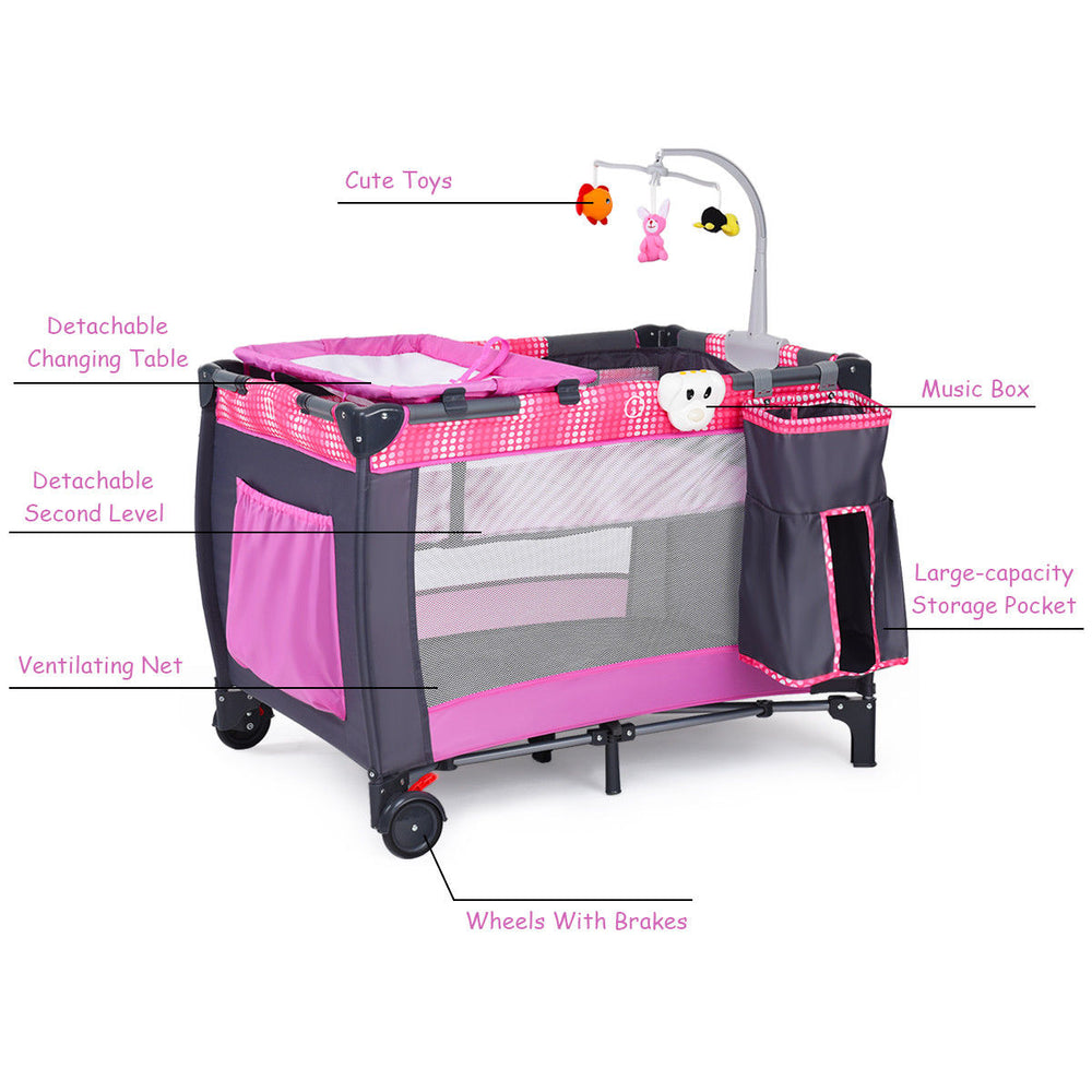Costway Foldable Travel Playard with Bassinet, Pink