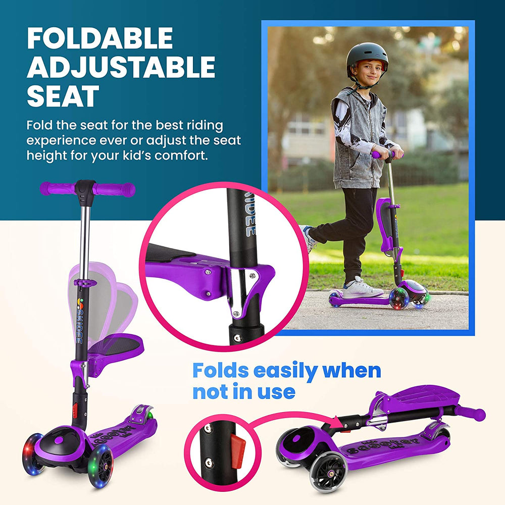 S SKIDEE Scooter for Kids with Foldable and Removable Seat – Adjustable Height, 3 LED Light Wheels, USA Brand 3 Wheels Kick Scooter for Girls & Boys 2-12 Years Old - Y200