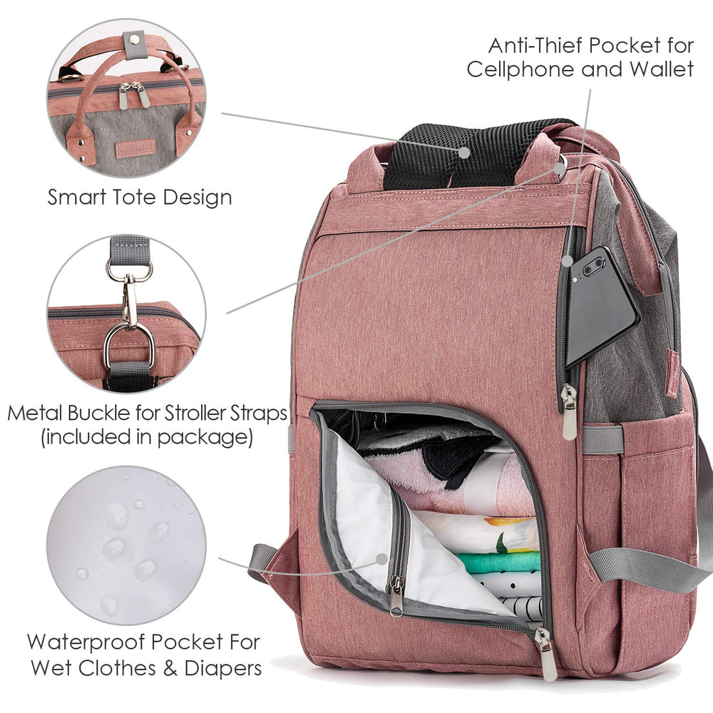 Diaper Bag Backpack Nappy Bag Upsimples Baby Bags for Mom and Dad Maternity Diaper Bag with USB Charging Port Stroller Straps Thermal Pockets,Water Resistant,Pink&Gray