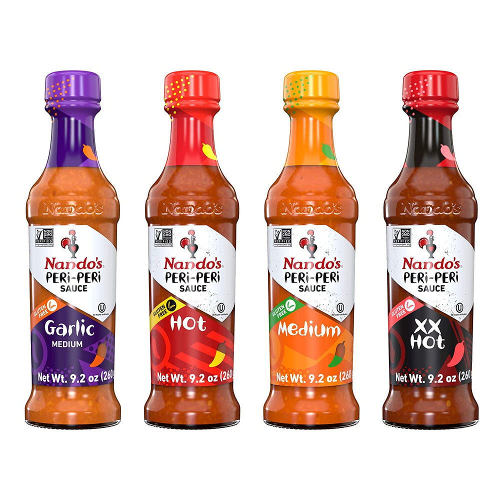 Nando's PERi PERi Hot Sauce Foodies Flavor Pack - Coconut Lemon, Lemon & Herb, Garlic, Medium - 9.1oz Bottles, 4PK